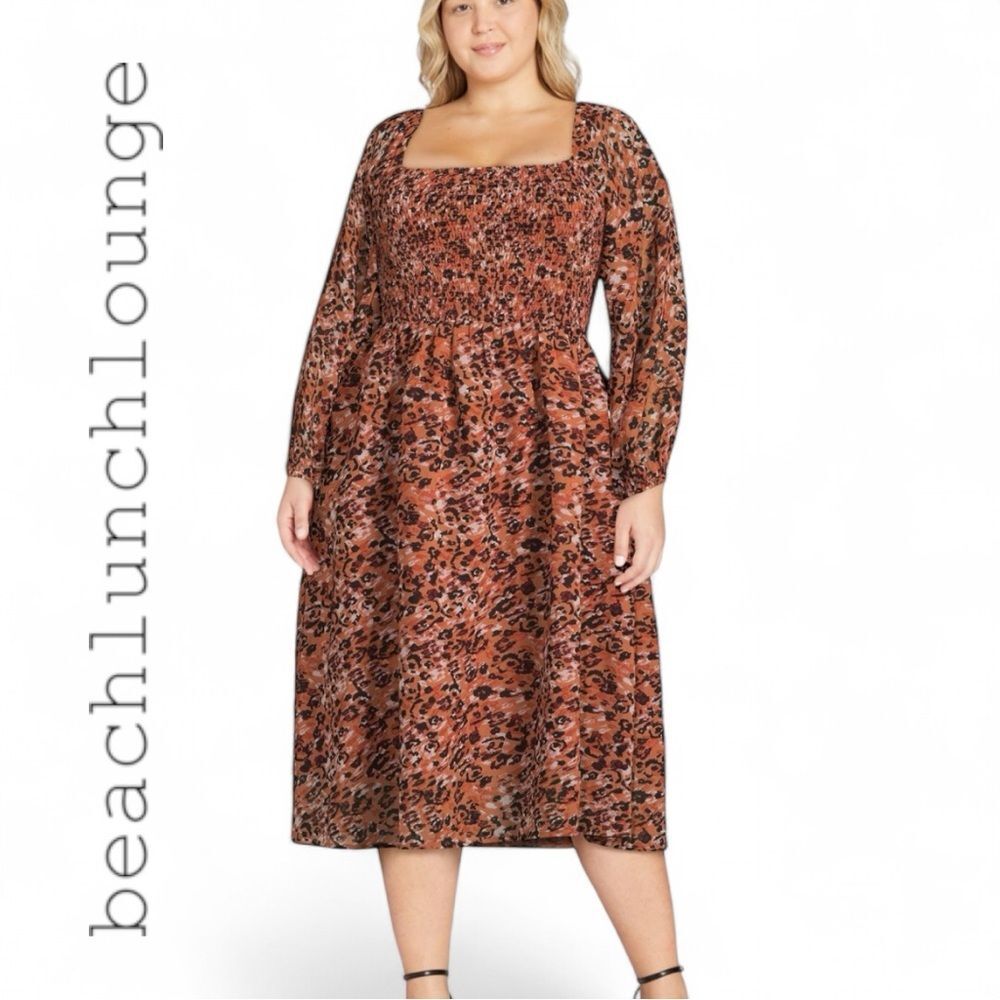 BeachLunchLounge Dress Khaleesi Square Neck Animal Print Smocked Midi Nap | XXL